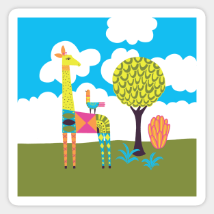 Colorful, patterned giraffe with bird friend in African landscape Sticker